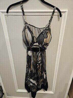 Sleeveless Abstract Print Belted Midi Dress in Black, Gray & Tan. Size M/L